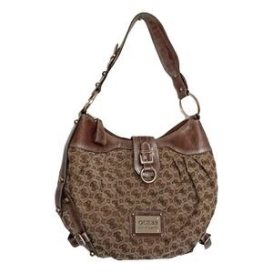 💥 Y2K VTG GUESS Brown Tan Monogram Shoulder Bag Studded Faux Croc Embossed